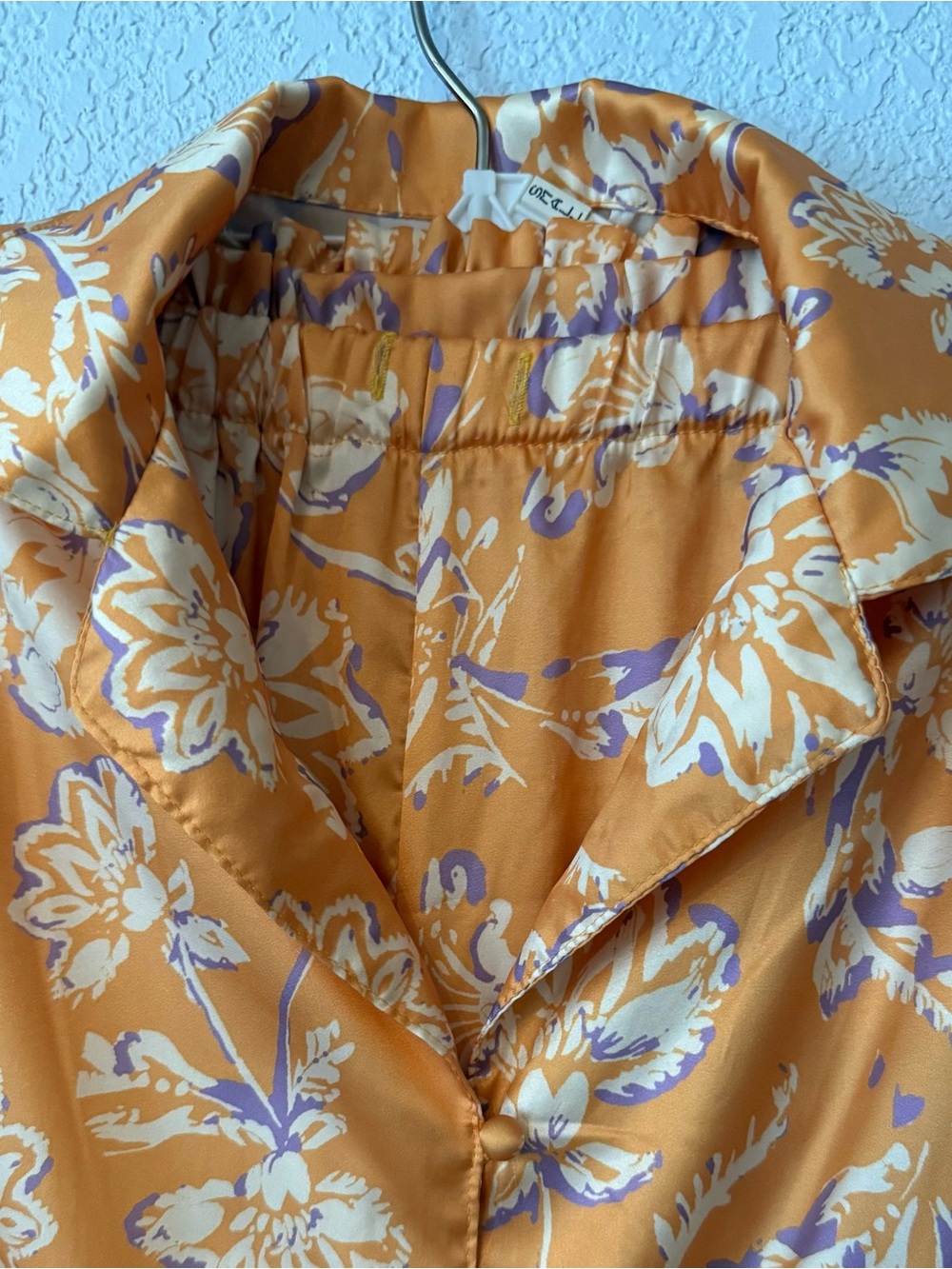 Floral Satin Button-Front Women's Pajamas- Orange & Lavender & Cream